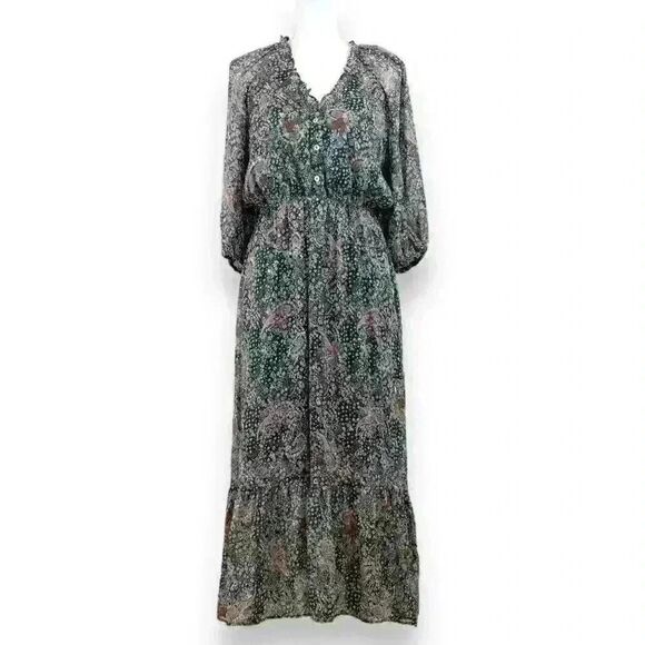 Ellison Green Floral Paisley Chiffon Midi Dress 3/4 Sleeves V-Neck Size Small - Picture 1 of 8